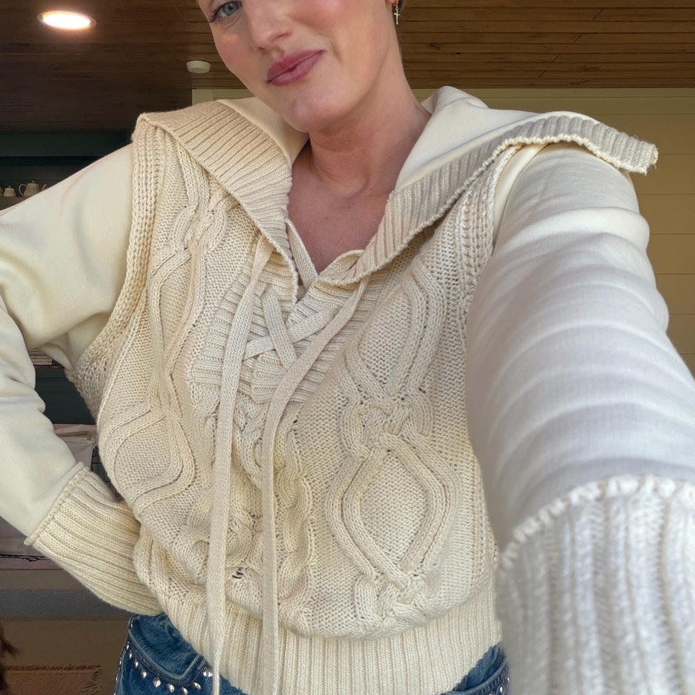 Pilcro Cream V-Neck Cable Knit Sweater